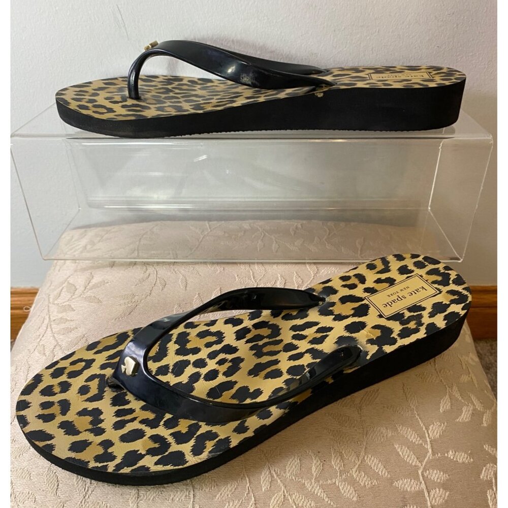 Kate Spade New York Leopard Print Flip Flops Black Straps & Heart Accent Size 11 - Picture 4 of 9
